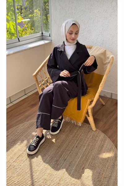 Kadın Biye Detaylı Yandan Bağlamalı Alt Üst Pantolon Ve Kimono Takım Siyah