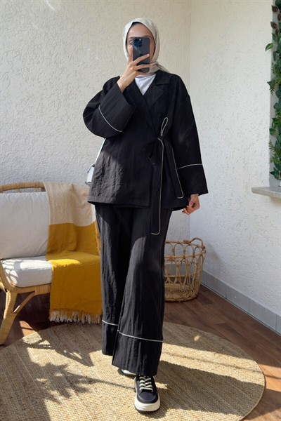 Kadın Biye Detaylı Yandan Bağlamalı Alt Üst Pantolon Ve Kimono Takım Siyah