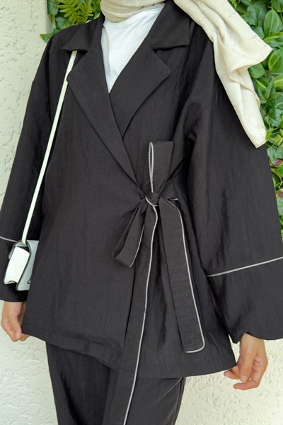 Kadın Biye Detaylı Yandan Bağlamalı Alt Üst Pantolon Ve Kimono Takım Siyah