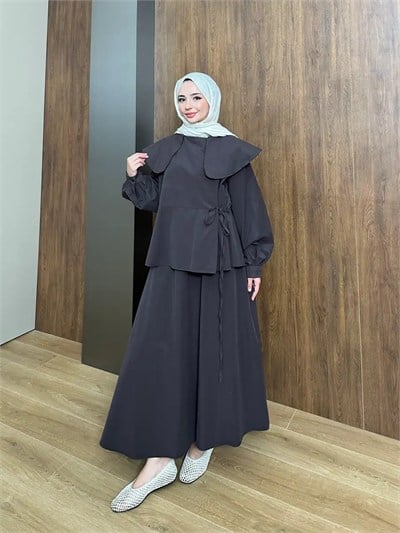 Kadın Biye Yan Bağlama ve Yaka Detaylı Etekli İkili Takım M62817 - Kahverengi