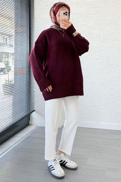 Kadın Bisiklet Yaka Oversize Kazak - Bordo