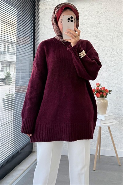 Kadın Bisiklet Yaka Oversize Kazak - Bordo