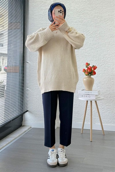Kadın Bisiklet Yaka Oversize Kazak - Taş
