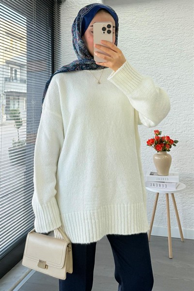 Kadın Bisiklet Yaka Oversize Kazak - Ekru