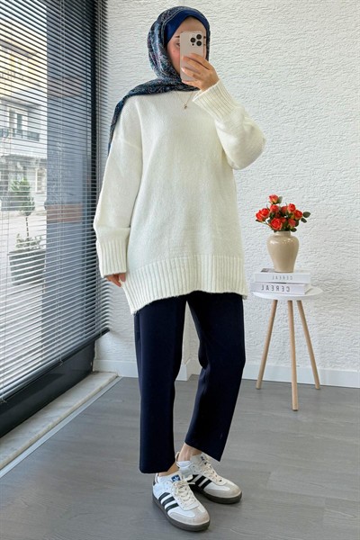Kadın Bisiklet Yaka Oversize Kazak - Ekru