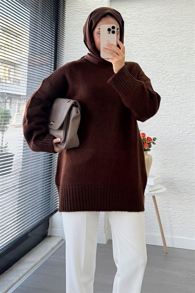 Kadın Bisiklet Yaka Oversize Kazak - Kahverengi