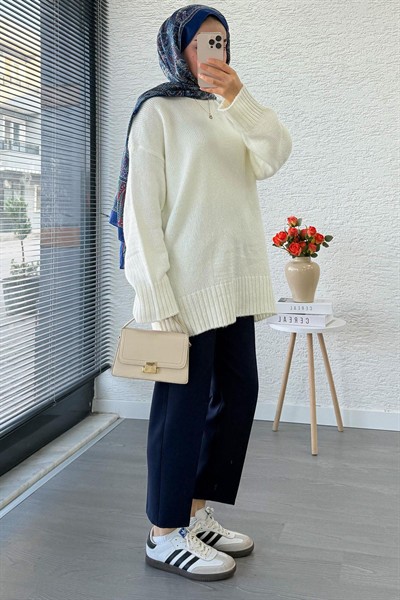 Kadın Bisiklet Yaka Oversize Kazak - Ekru