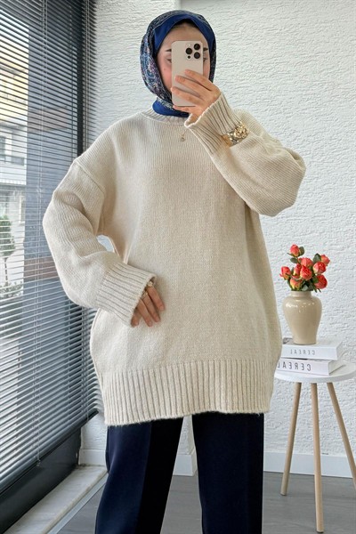 Kadın Bisiklet Yaka Oversize Kazak - Taş