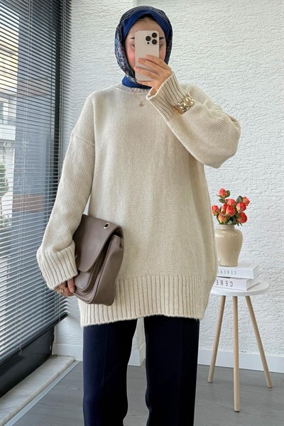 Kadın Bisiklet Yaka Oversize Kazak - Taş