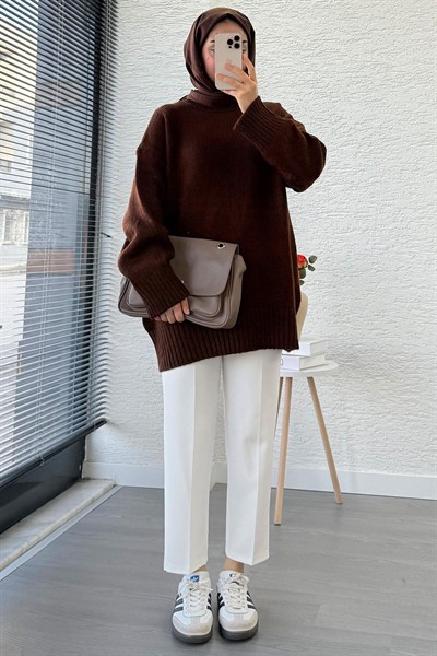 Kadın Bisiklet Yaka Oversize Kazak - Kahverengi