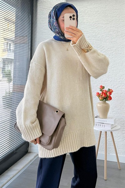Kadın Bisiklet Yaka Oversize Kazak - Taş