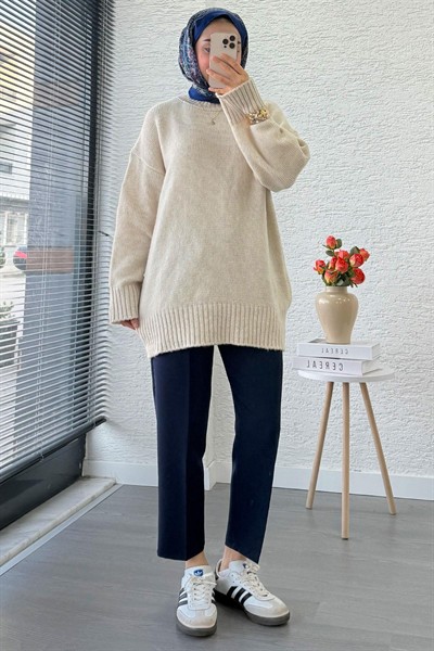 Kadın Bisiklet Yaka Oversize Kazak - Taş