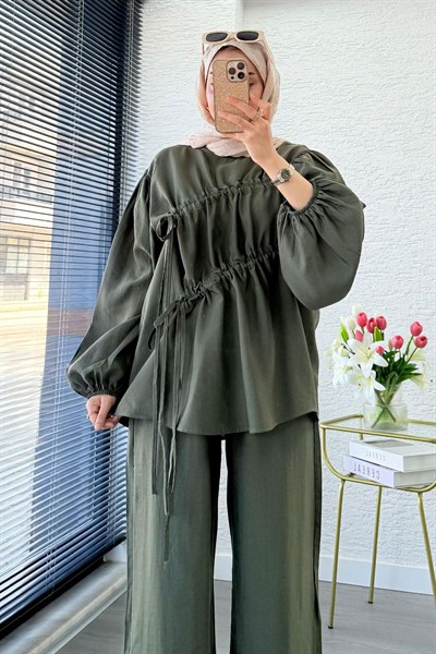 Kadın Büzgü Detaylı Pantolon Takım M61879 - Haki