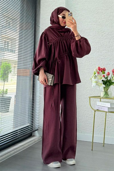 Kadın Büzgü Detaylı Pantolon Takım M61879 - Mürdüm