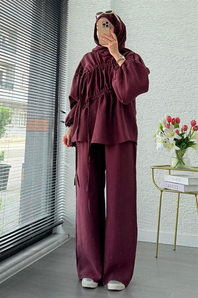 Kadın Büzgü Detaylı Pantolon Takım M61879 - Mürdüm