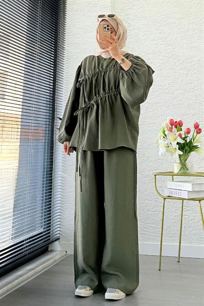 Kadın Büzgü Detaylı Pantolon Takım M61879 - Haki