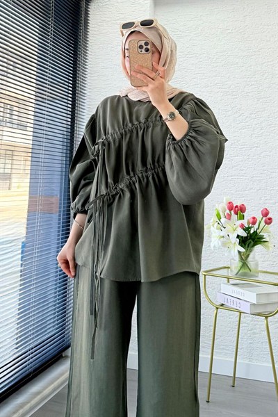 Kadın Büzgü Detaylı Pantolon Takım M61879 - Haki