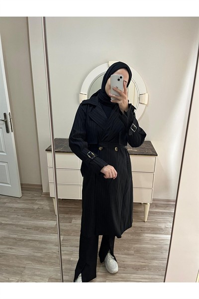 Kadın Ceket Yaka Kol Detaylı Trençkot Siyah