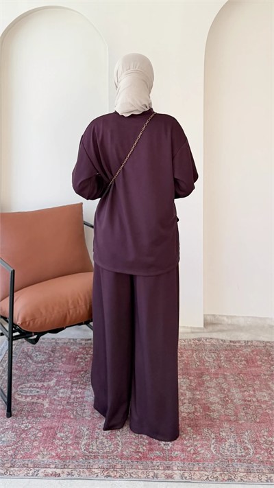 Kadın Çimalı Detay Geniş Paça Tunik Pantolon İkili Takım M2696 - Bordo
