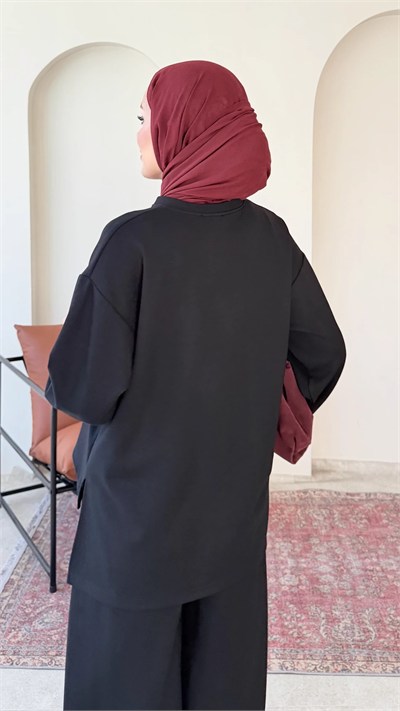 Kadın Çimalı Detay Geniş Paça Tunik Pantolon İkili Takım M2696 - Siyah