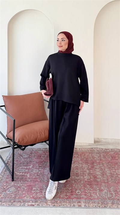 Kadın Çimalı Detay Geniş Paça Tunik Pantolon İkili Takım M2696 - Siyah