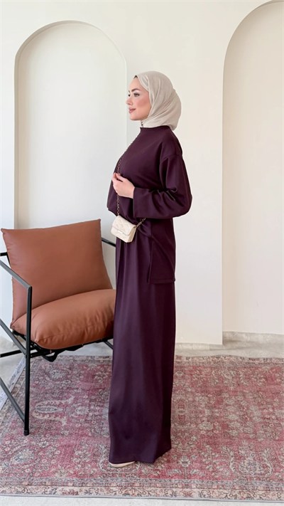 Kadın Çimalı Detay Geniş Paça Tunik Pantolon İkili Takım M2696 - Bordo
