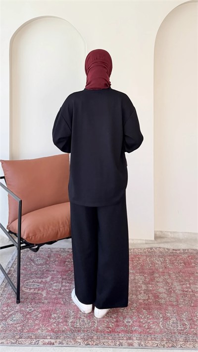 Kadın Çimalı Detay Geniş Paça Tunik Pantolon İkili Takım M2696 - Siyah