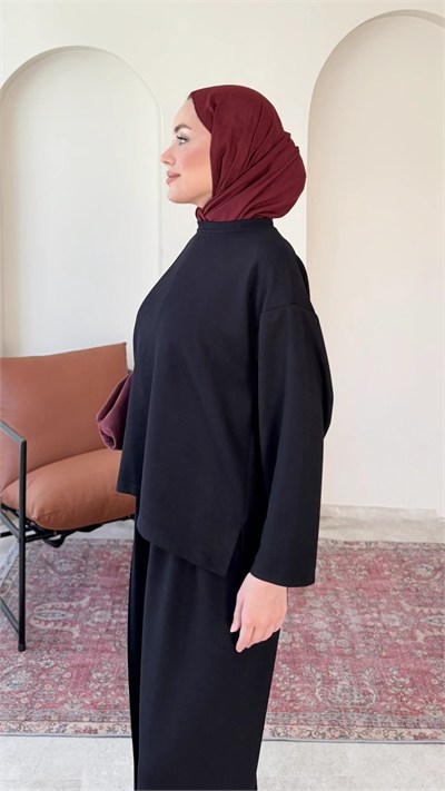 Kadın Çimalı Detay Geniş Paça Tunik Pantolon İkili Takım M2696 - Siyah