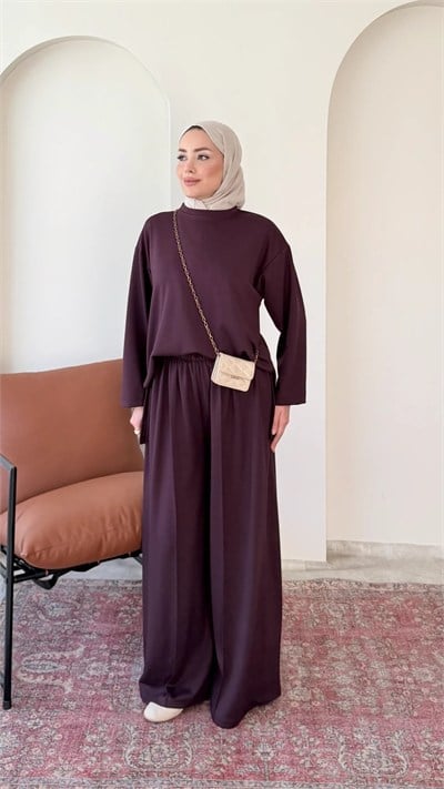 Kadın Çimalı Detay Geniş Paça Tunik Pantolon İkili Takım M2696 - Bordo