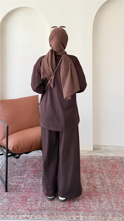 Kadın Çimalı Detay Geniş Paça Tunik Pantolon İkili Takım M2696 - Kahverengi