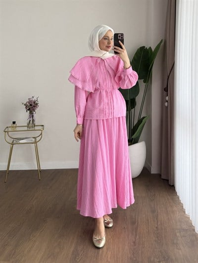 Kadın Dantel Yakalı Begonya Gömlekli Etekli Takım M2667 - Pembe
