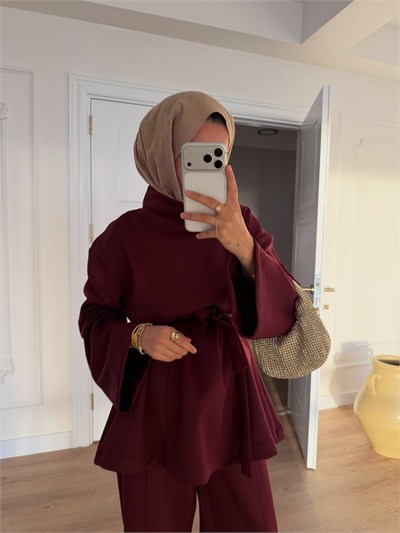 Kadın Dik Yaka Beli Kuşaklı Scuba Takım - Mürdüm