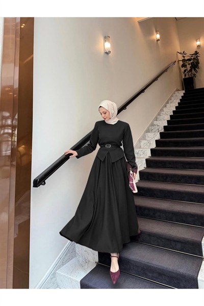 Kadın Double Krep Kumaş Şık Ceket Ve Etek Takım Siyah - M41420