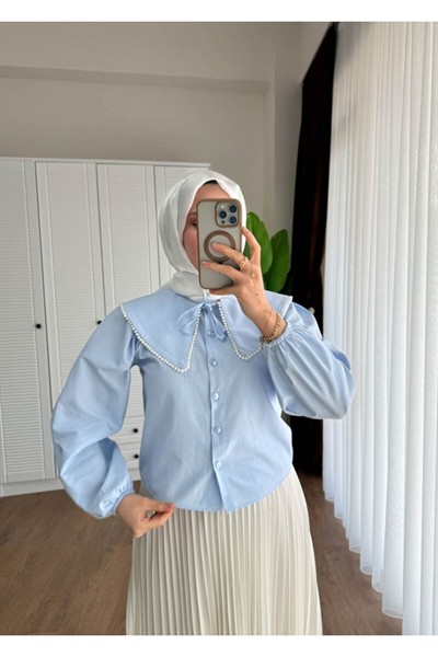 Kadın Etek Üstü Bebe Yaka İncili Bebe Mavisi Gömlek