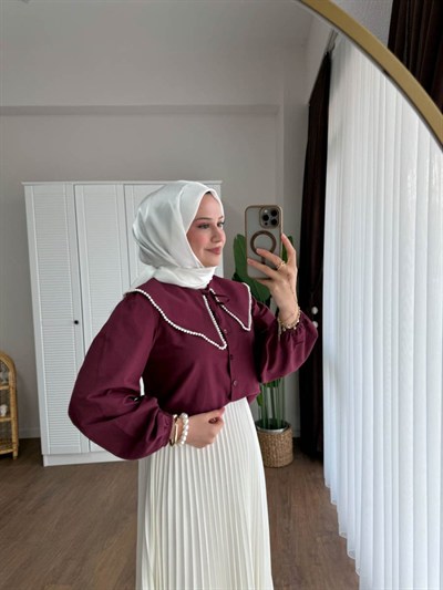 Kadın Etek Üstü Bebe Yaka İncili Bordo Gömlek