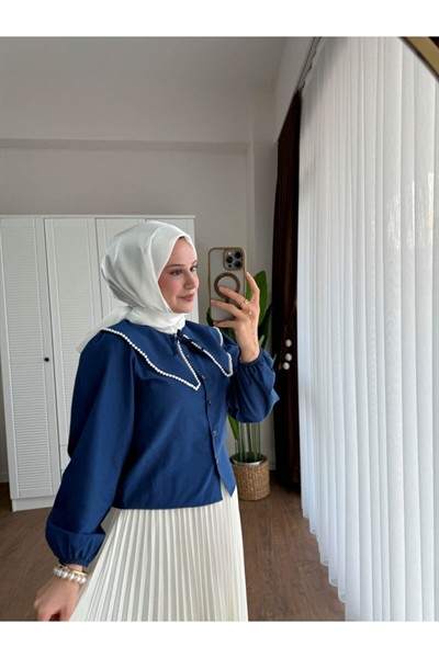Kadın Etek Üstü Bebe Yaka İncili Lacivert Gömlek