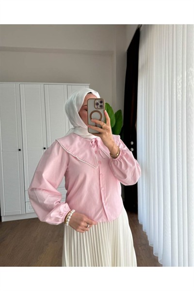 Kadın Etek Üstü Bebe Yaka İncili Pembe Gömlek