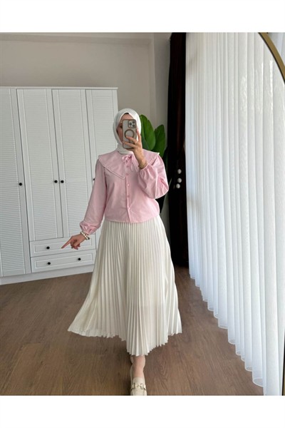 Kadın Etek Üstü Bebe Yaka İncili Pembe Gömlek