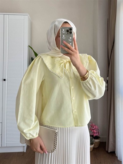 Kadın Etek Üstü Bebe Yaka İncili Sarı Gömlek