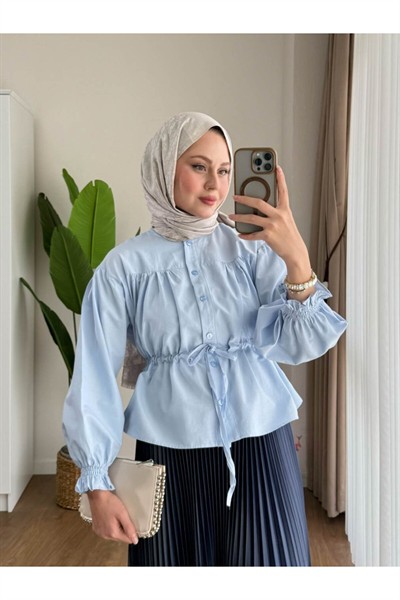 Kadın Etek Üstü Belden Büzgülü Gömlek M24140 - Bebe Mavisi