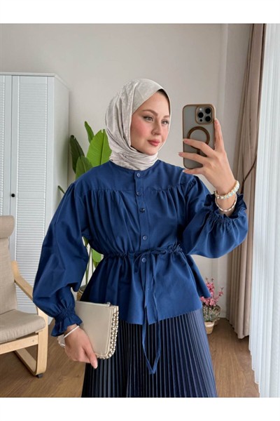 Kadın Etek Üstü Belden Büzgülü Gömlek M24140 - Lacivert