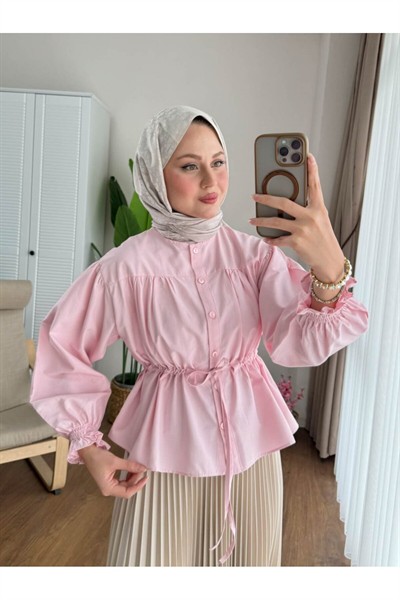 Kadın Etek Üstü Belden Büzgülü Gömlek M24140 - Pembe