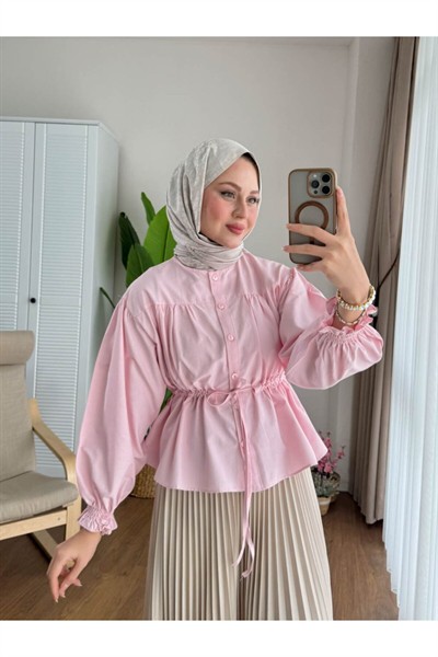 Kadın Etek Üstü Belden Büzgülü Gömlek M24140 - Pembe