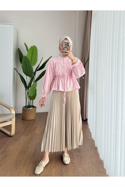 Kadın Etek Üstü Belden Büzgülü Gömlek M24140 - Pembe