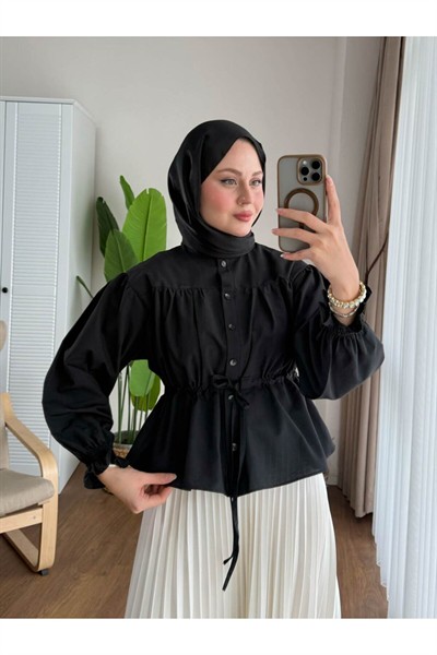Kadın Etek Üstü Belden Büzgülü Gömlek M24140 - Siyah