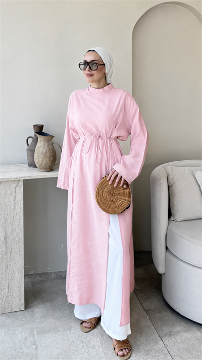 Kadın Fermuarlı Bel Bağlamalı Uzun Tunik M2665 - Pembe