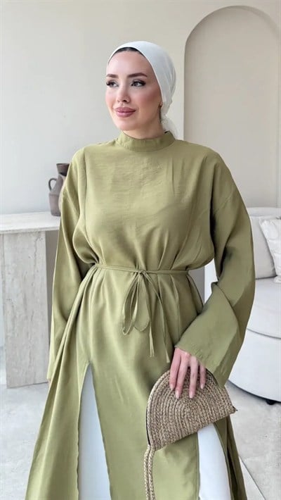 Kadın Fermuarlı Bel Bağlamalı Uzun Tunik M2665 - Yeşil
