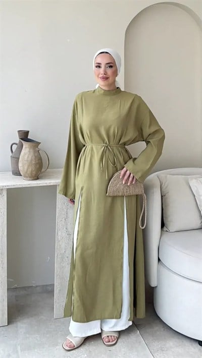 Kadın Fermuarlı Bel Bağlamalı Uzun Tunik M2665 - Yeşil