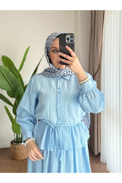 Kadın Fırfır Gömlekli Etekli Takım M2512 - Bebe Mavisi