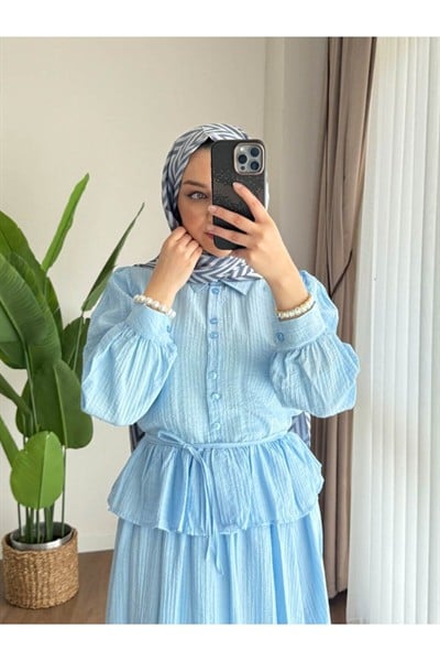 Kadın Fırfır Gömlekli Etekli Takım M2512 - Bebe Mavisi